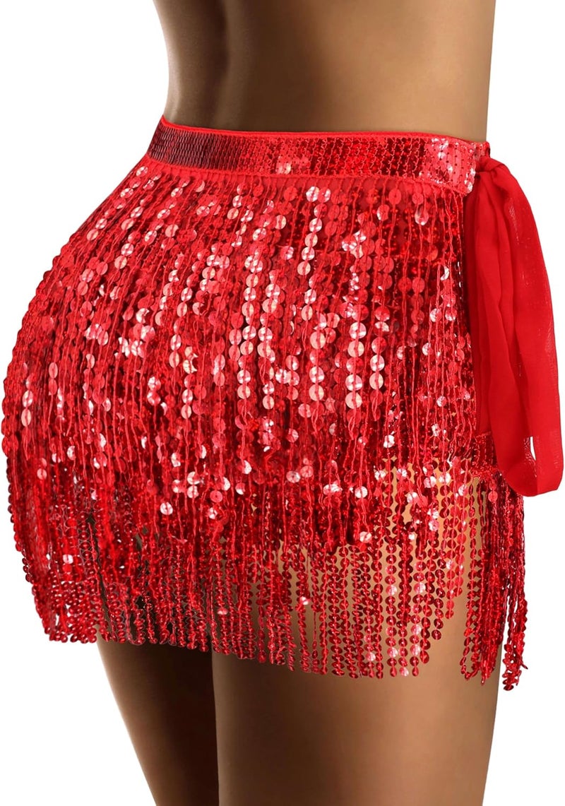 Sarfel Sequin Skirt for Women Sparkly Skirt for Women Shiny Tassel Skirts Glitter Belly Dance Hip Scarf Rave Outfit Halloween - Image 3